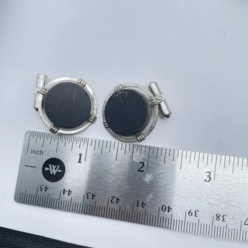 Vintage 80s Black Onyx Cufflinks Silver Tone Round Art Deco‎ Swivel Jewelry